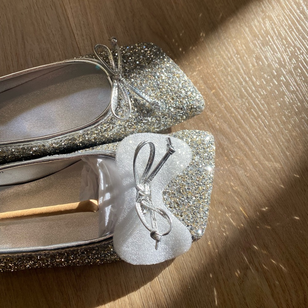 Brand New Lost In Echo SHINY SILVER SQUARE TOE BOW BALLET SHOES Size 38 - Picture 2 of 9